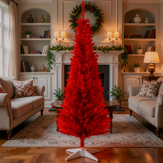 Sunvega Pencil Artificial Xmas Tree with Faux Snow Flocked Full Branch Tips Flame-retardant