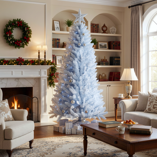 Sunvega Pencil Artificial Xmas Tree with Faux Snow Flocked Full Branch Tips Flame-retardant