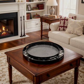 Sunvega 2 Piece Black and White Plaid Print Round Decorative Tray Set for Living Space