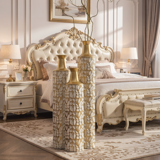 Sunvega Gilded White 3D Relief Flower Metal Cylinder Vase Set for Home Décor