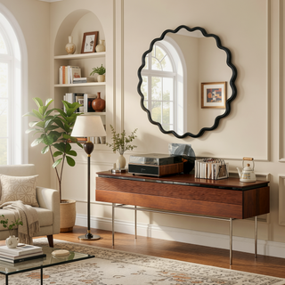 Sunvega Farmhouse Art Deco Wavy Wood Mirror Frame Wall Decor for Bathroom