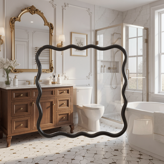 Sunvega Farmhouse Art Deco Wavy Wood Mirror Frame Wall Decor for Bathroom