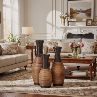 Sunvega Hand-Woven PVC Rattan Vases Set of 3 Brown Farmhouse Floor Decor
