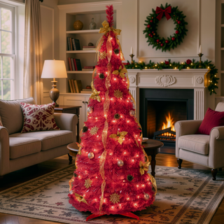 Sunvega 6FT Red Pop-Up Pre-Lit Christmas Tree with 150 Warm White LED Lights