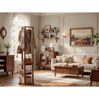 Sunvega 360° Rotating Full Length Mirror with Solid Wood Hook Storage Rack for Bedroom