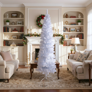 Sunvega 7.5FT Slim White Artificial PVC Christmas Tree with Foldable Metal Stand