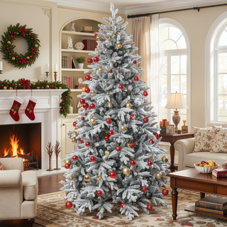 Sunvega Snow Flocked Artificial Christmas Tree with Foldable Metal Stand and Flame Retardant Branches