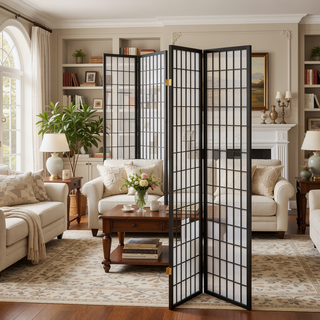 Sunvega Black 4-Panel Folding Shoji Screen Room Divider with White Paper Panels