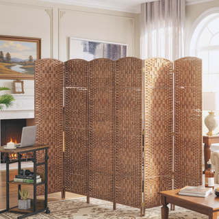 Sunvega 6 Panel Woven Rattan Room Divider with Arched Top for Privacy
