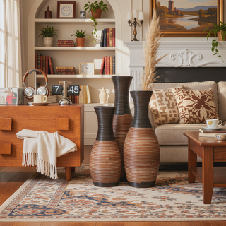 Sunvega Hand-Woven PVC Rattan Vases Set of 3 Brown Farmhouse Floor Decor