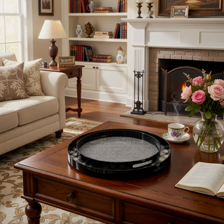 Sunvega 2 Piece Black and White Plaid Print Round Decorative Tray Set for Living Space