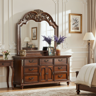 Sunvega Cherry Nightstand with Three Easy Glide Drawers and Velvet Lining