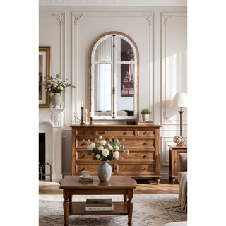 Sunvega Distressed White Arch Wood Wall Mirror Inspired by Window Frame