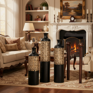 Sunvega Gilded White 3D Relief Flower Metal Cylinder Vase Set for Home Décor