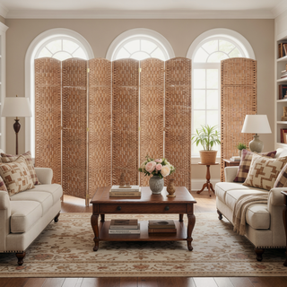Sunvega 6 Panel Woven Rattan Room Divider with Arched Top for Privacy