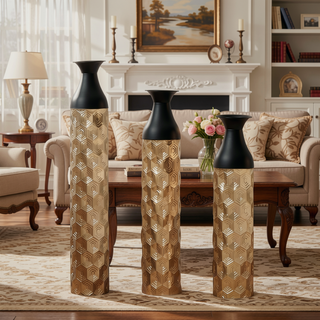 Sunvega Gilded White 3D Relief Flower Metal Cylinder Vase Set for Home Décor
