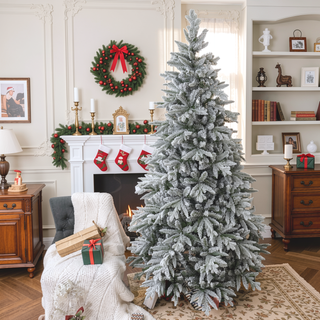 Sunvega Pencil Artificial Xmas Tree with Faux Snow Flocked Full Branch Tips Flame-retardant