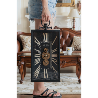 Sunvega Black Gold Roman Numeral Gear Clock with Glass Case for Desk Decor