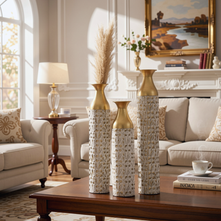Sunvega Gilded White 3D Relief Flower Metal Cylinder Vase Set for Home Décor