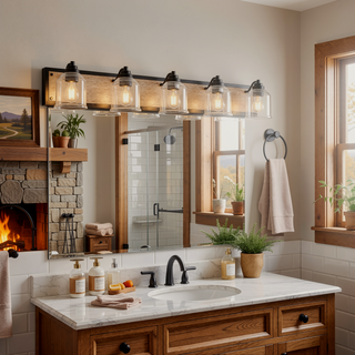 Sunvega Black and Wood Grain 5-Light Bathroom Vanity Fixture with Clear Seeded Glass Shades