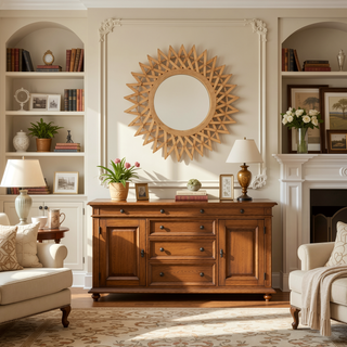 Sunvega Sunburst-Shaped PU Art Decorative Wall Mirror for Bathroom Bedroom
