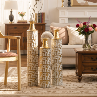 Sunvega Gilded White 3D Relief Flower Metal Cylinder Vase Set for Home Décor
