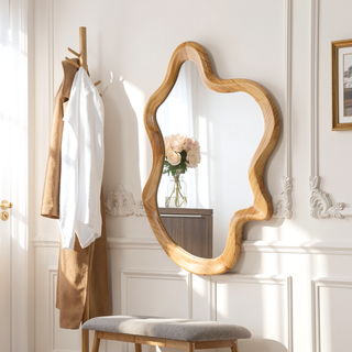 Sunvega Unique Irregular Shaped Wall Mirror with Natural Wood Frame for Clear Reflection