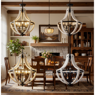 Sunvega 5-Light White Wood Chandelier Farmhouse Pendant and Ceiling Light Fixture