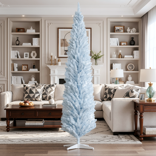 Sunvega Pencil Artificial Xmas Tree with Faux Snow Flocked Full Branch Tips Flame-retardant