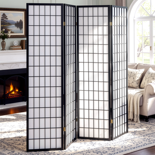 Sunvega Black 4-Panel Folding Shoji Screen Room Divider with White Paper Panels