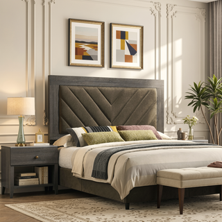 Sunvega Contemporary California King Size Bed with V-Shaped Upholstered Headboard
