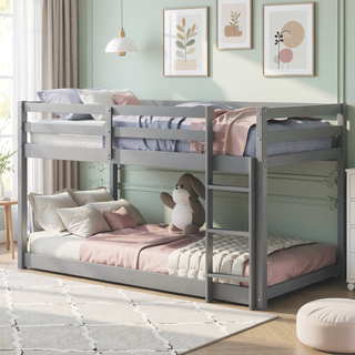 Sunvega Twin over Twin Floor Low Bunk Bed with Ladder for Kids Bedroom