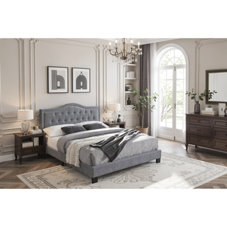 Sunvega European Queen Size Bed with Button Tufted Headboard and Charcoal Finish