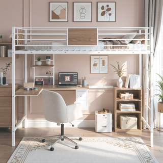 Sunvega Twin Metal Loft Bed with Desk and Shelve in Clean White Finish