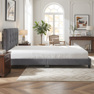 Sunvega Light Brown Velvet Upholstered Queen Platform Bed with Adjustable Height Headboard