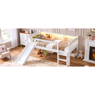 Sunvega Twin Loft Bed with Storage Shelves, LED Lights and Full Guardrails, Pink