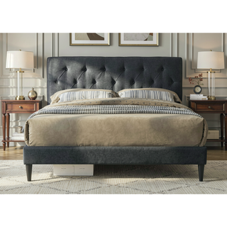 Sunvega Queen Upholstered Pleated Bed in a Box with Sturdy Dark Brown Frame