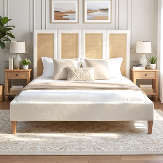 Sunvega Upholstered Platform Bed with Rattan Panels and Ivory Fabric for Bedroom