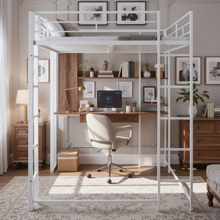 Sunvega Full Size Metal Loft Bed with Desk and 2 Shelves White