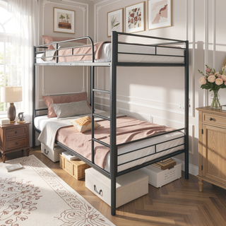 Sunvega Twin over Twin Bunk Bed with Metal Frame and Guardrails for Safety