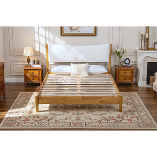 Sunvega Queen Size Boucle Upholstered Headboard Solid Rubber Wood Bed with Support Feet