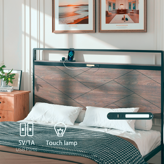 Sunvega Modern Wood and Metal Platform Bed Frame with LED Headboard USB Charging