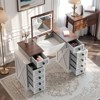 Sunvega Dimmable LED Vanity Desk with Flip Up Mirror and 10 Drawers