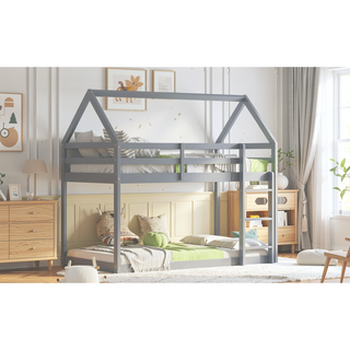Sunvega Rubber Wood Twin over Twin Bunk Bed with Ladder and Guardrails