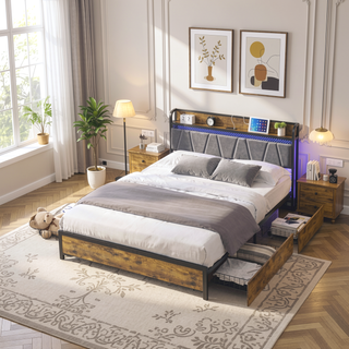 Sunvega Queen Size Storage Bed Frame with Charging Station and RGB LED Lights