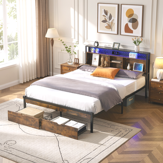 Sunvega Full Size Metal Platform Bed Frame with Wooden Headboard and Footboard