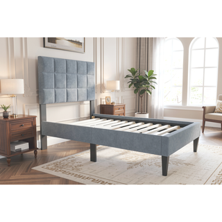 Sunvega Twin Bed with Adjustable Headboard and Soft Brushed Linen Fabric