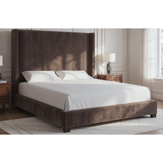 Sunvega Queen Upholstered Pleated Bed in a Box with Sturdy Dark Brown Frame