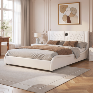 Sunvega Queen Size Faux Leather Platform Bed with RGB LED Lights Bluetooth Speakers