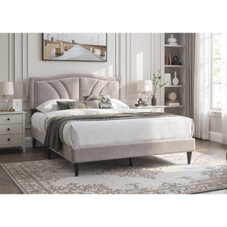 Sunvega Light Brown Burlap Queen Size Bed with Nailhead Trim and Sloped Curve
